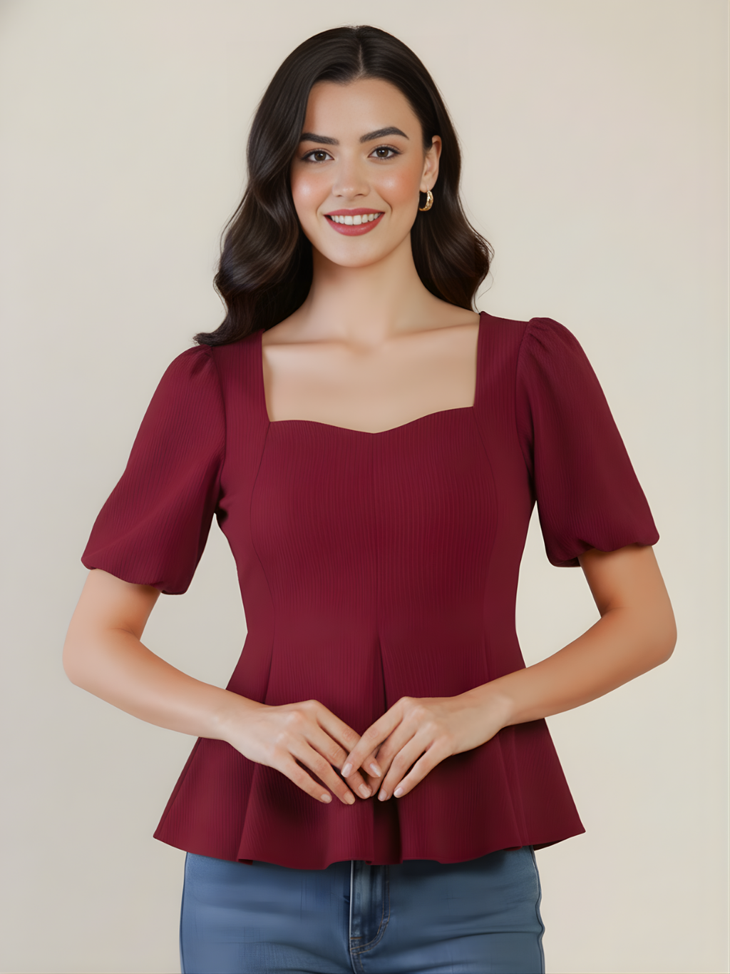 Stretchable Puff Sleeves Peplum Top - Pinkkup