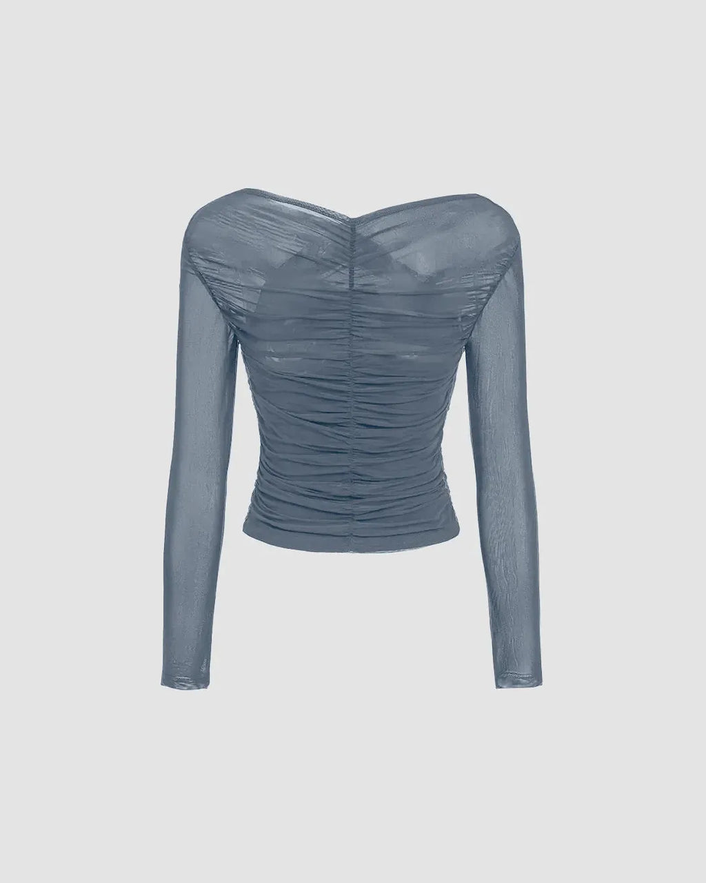 Sheer Mesh Long Sleeve Ruched Wrap Top In Grey