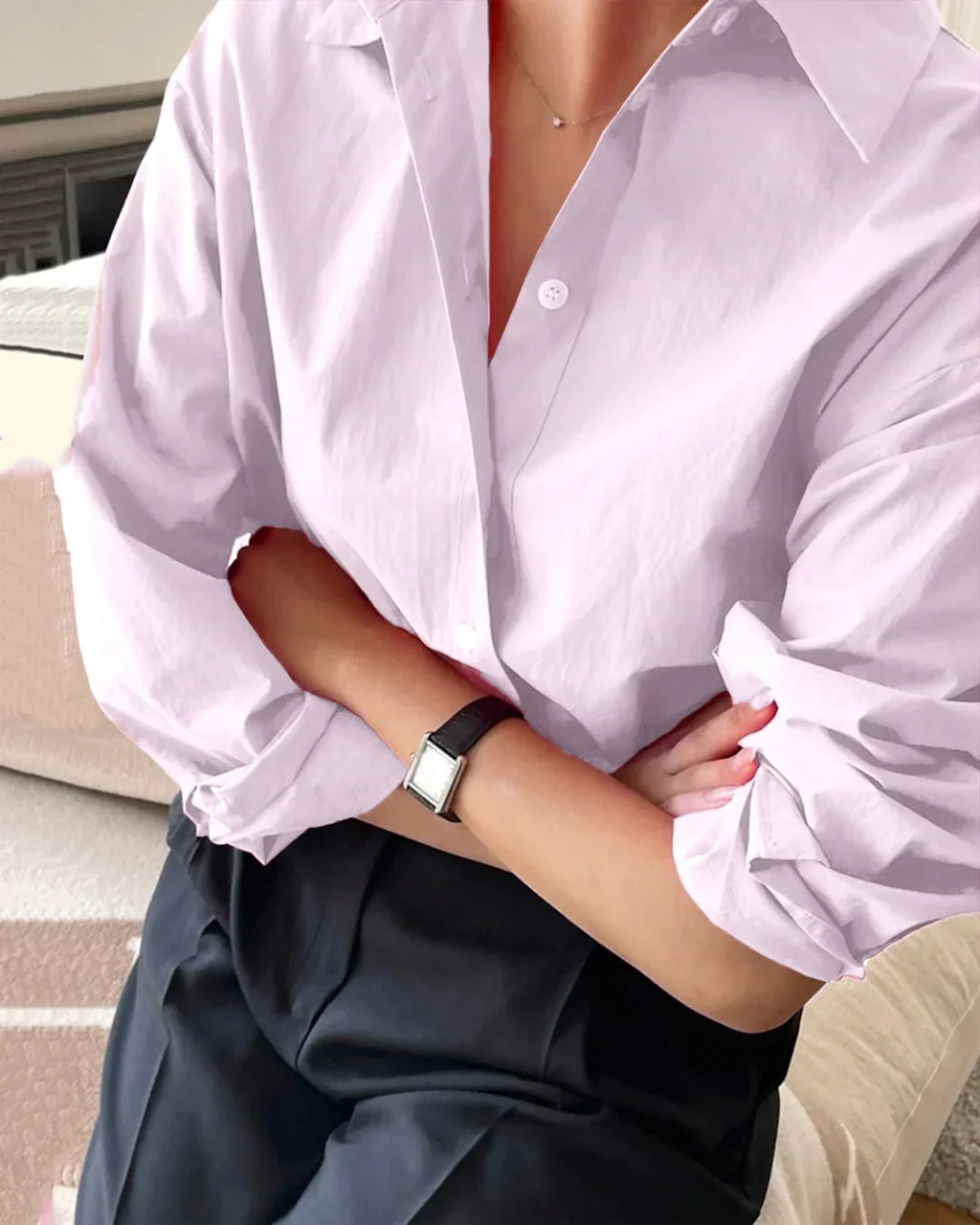 Relaxed Fit Baby Pink Collared Shirt with Drop Shoulders