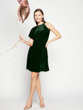 Ruffle Detail Stretchable Velvet Skater Dress - Pinkkup