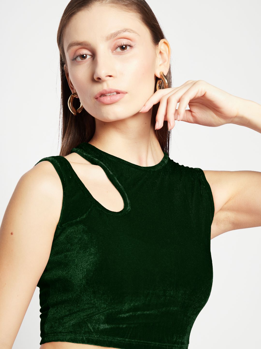 Stretchable Velvet Shoulder Cutout Crop Top - Pinkkup