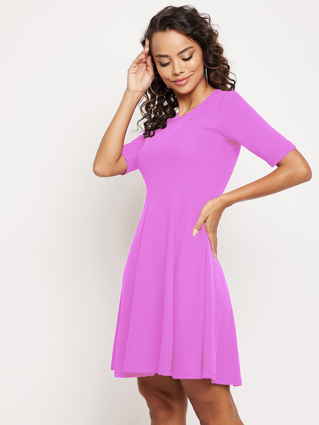 Round Neck Stretchable Skater Cotton Dress - Pinkkup