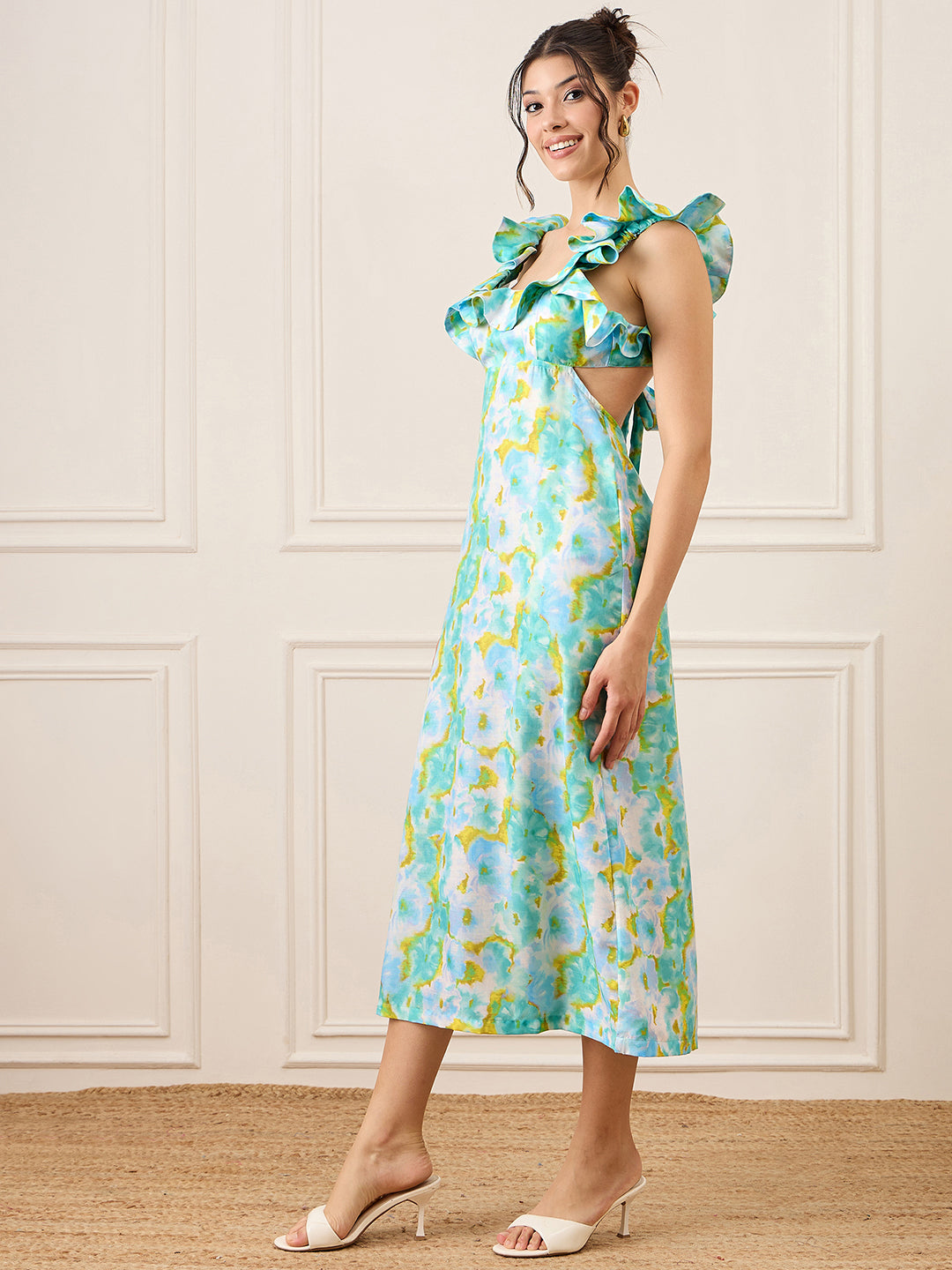 Printed Frilled Scoop Neck Linen Dress