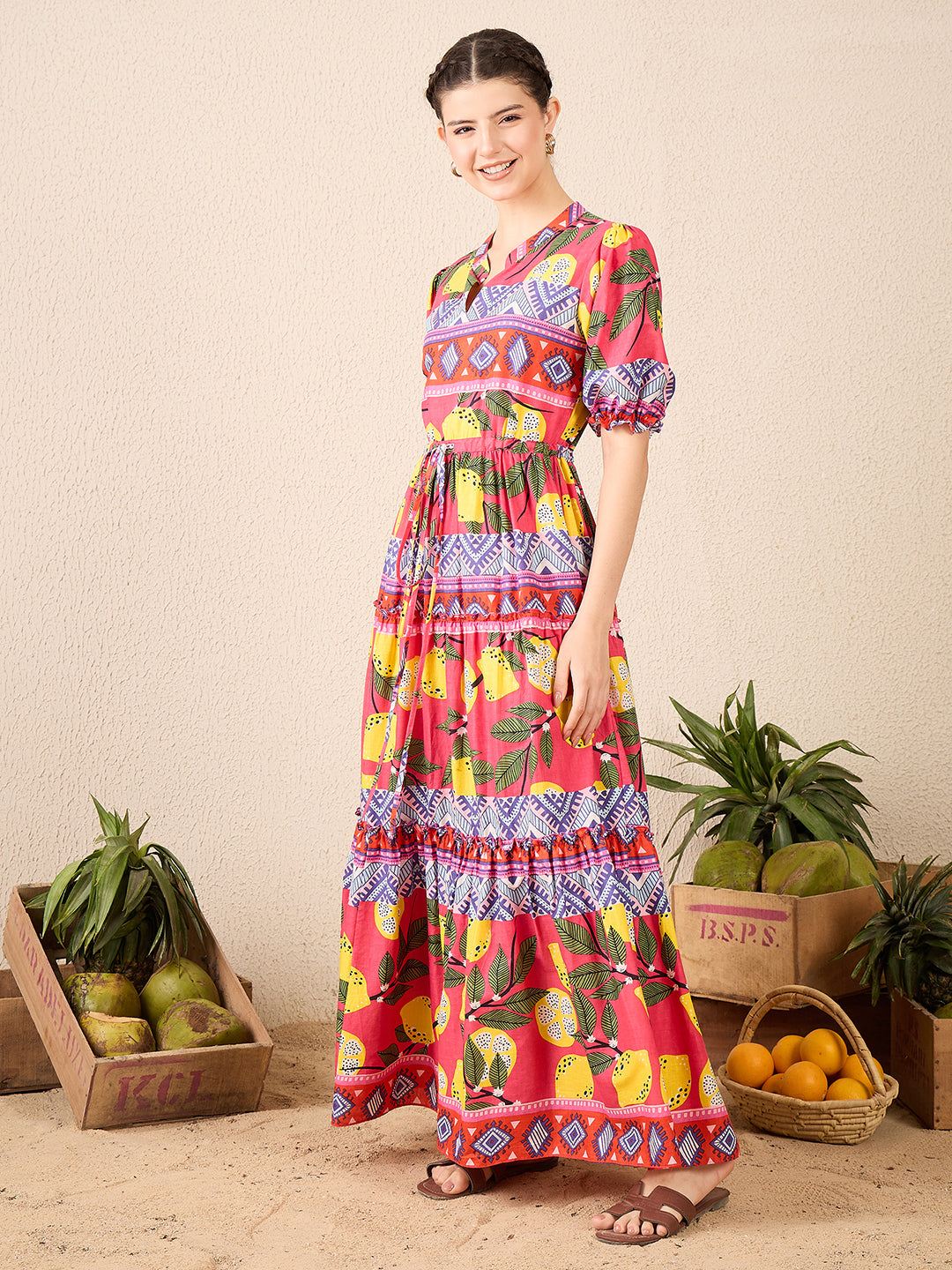 Puffed Sleeve Tiered Cotton Maxi Dress