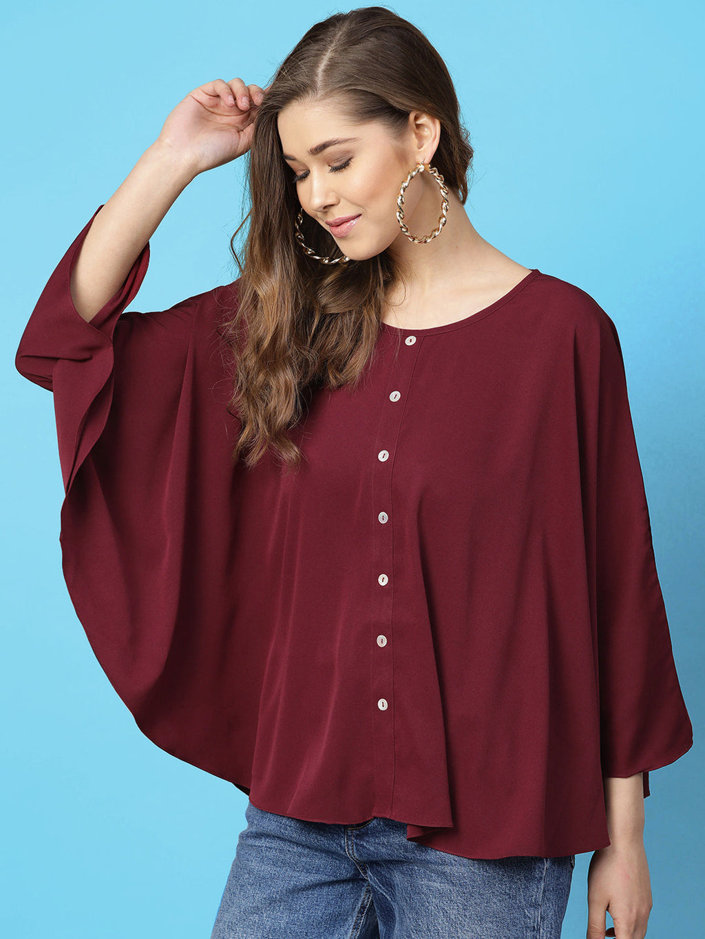 Maroon Buttoned Crepe Cape Top