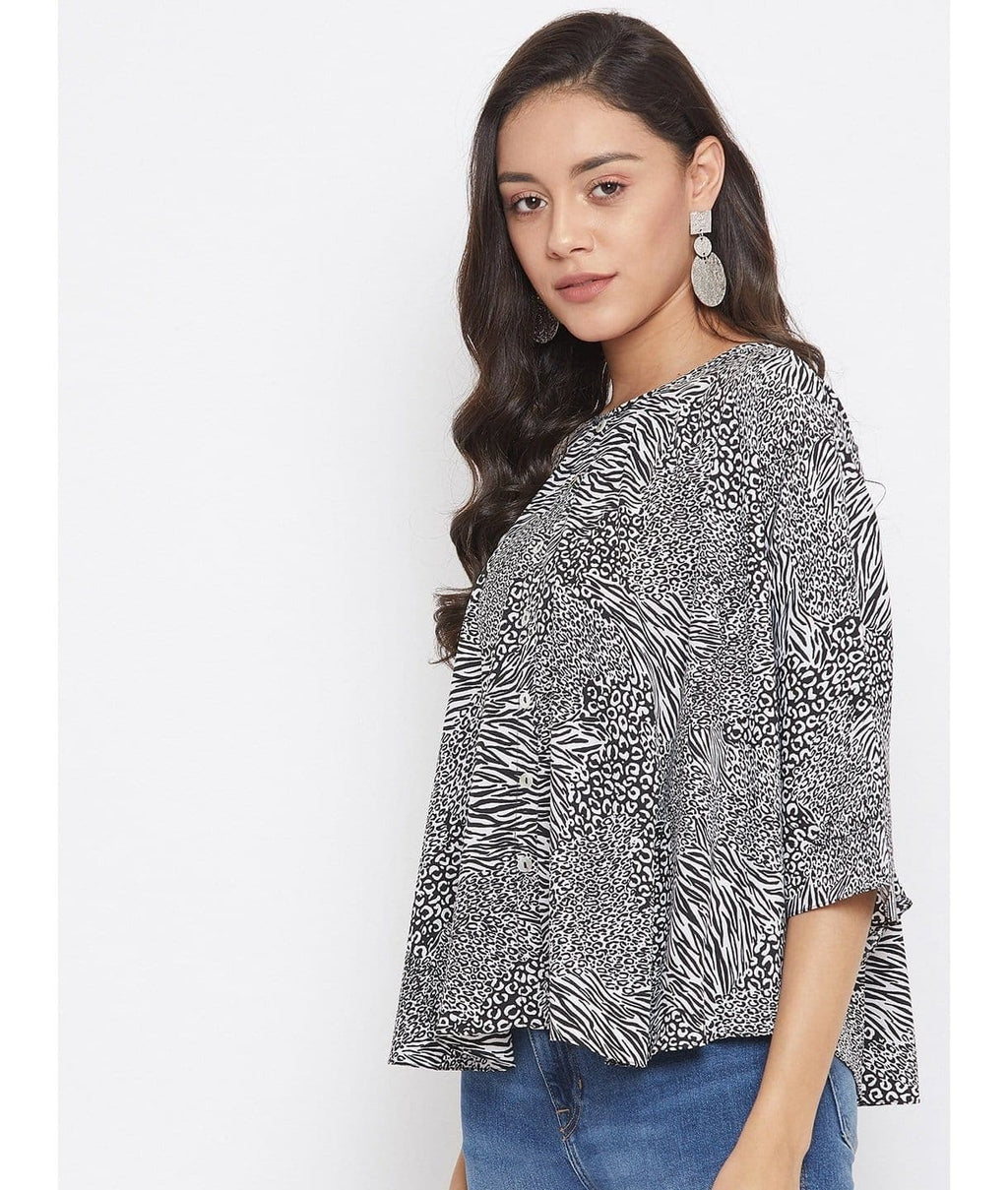 Printed Buttoned Crepe Cape Top