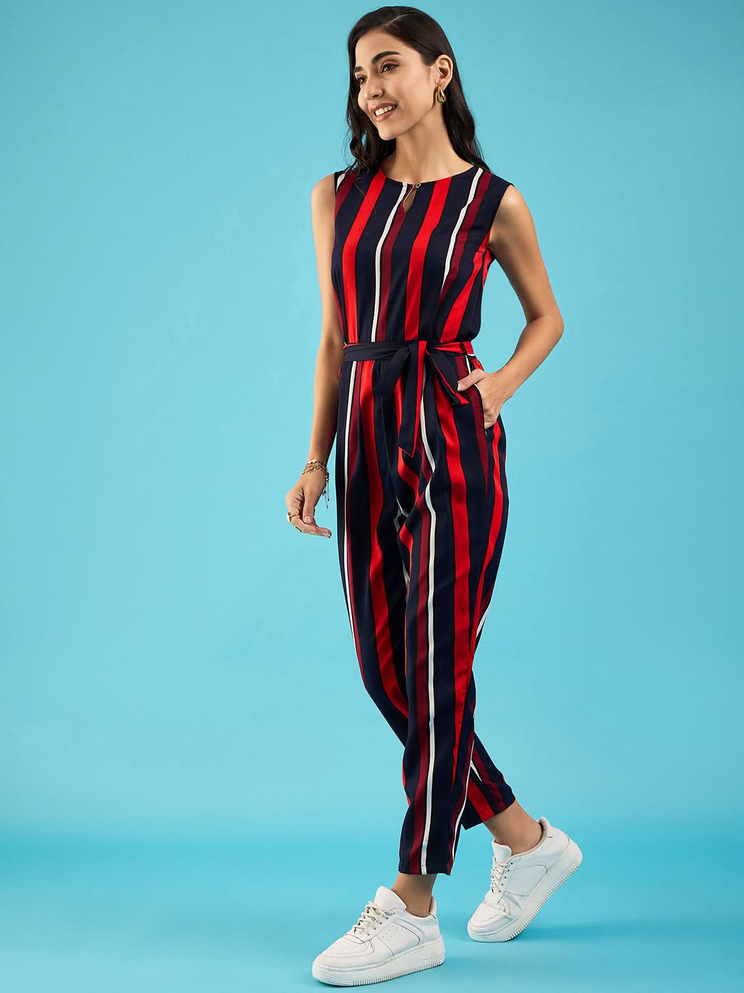 Striped Keyhole Jumpsuit with Belt