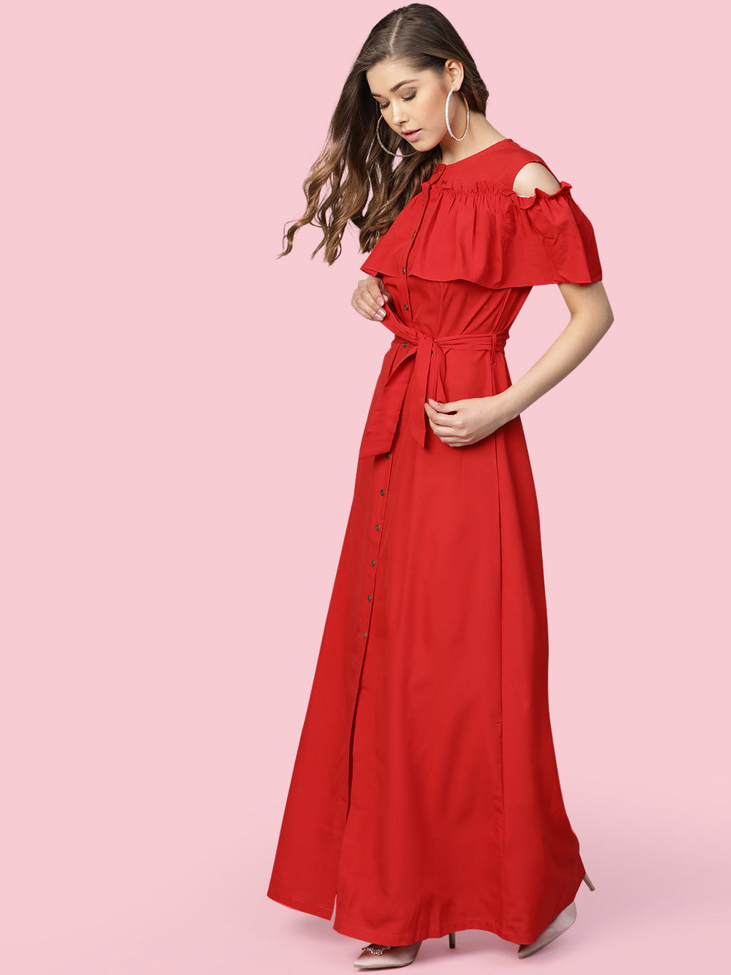 Ruffled Buttoned Cold Shoulder Maxi Dress