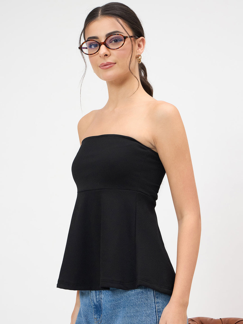 Ribbed Bandeau Peplum Top