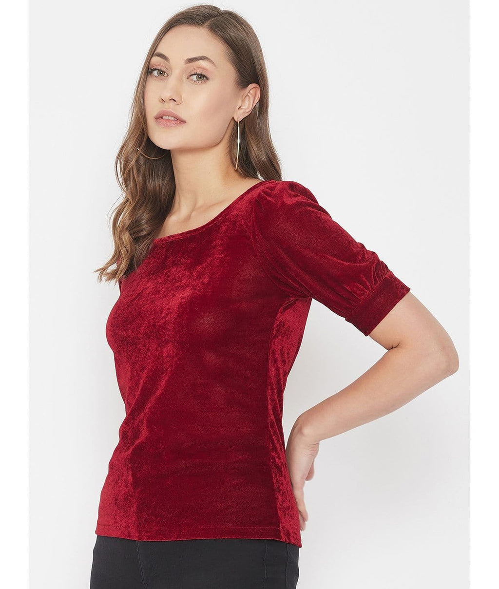 Stretchable Velvet Round Neck Puff Sleeve Top
