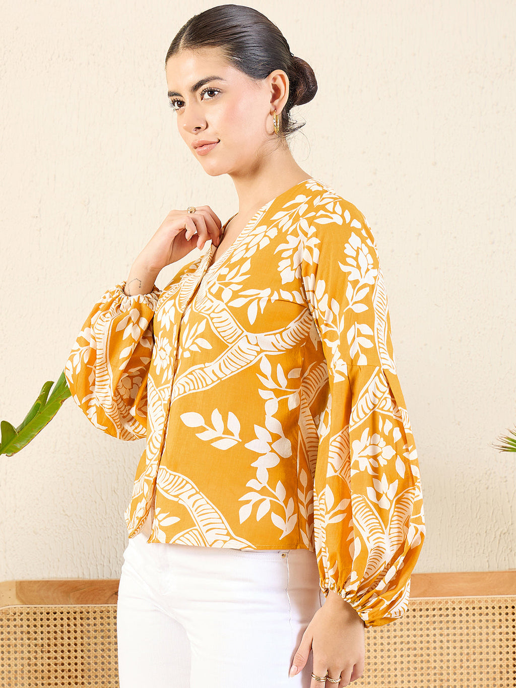 Printed Cotton Shirt with Balloon Sleeves