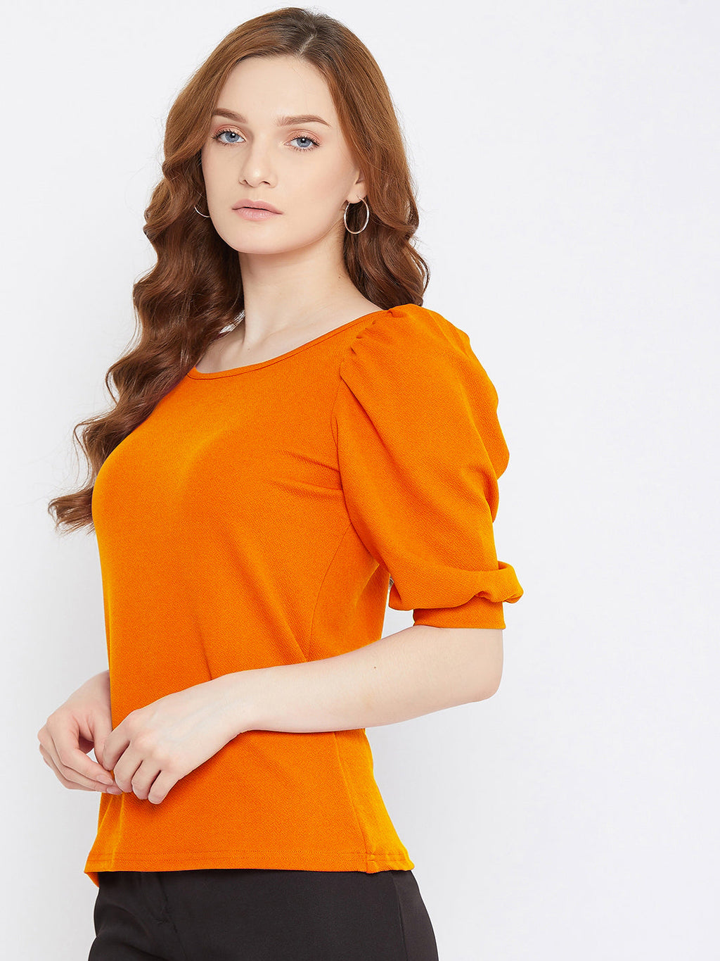Cotton Solid Stretchable Round Neck Puff Sleeve Top