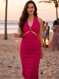 Stretchable Halter Neck Hardware Dress - Pinkkup