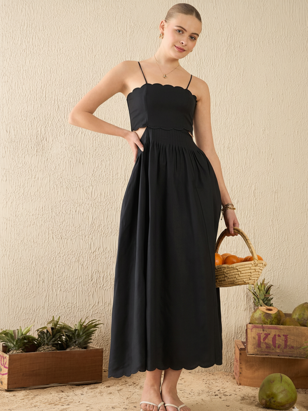 Scalloped Fit and Flare Midi Cotton Dress - Pinkkup