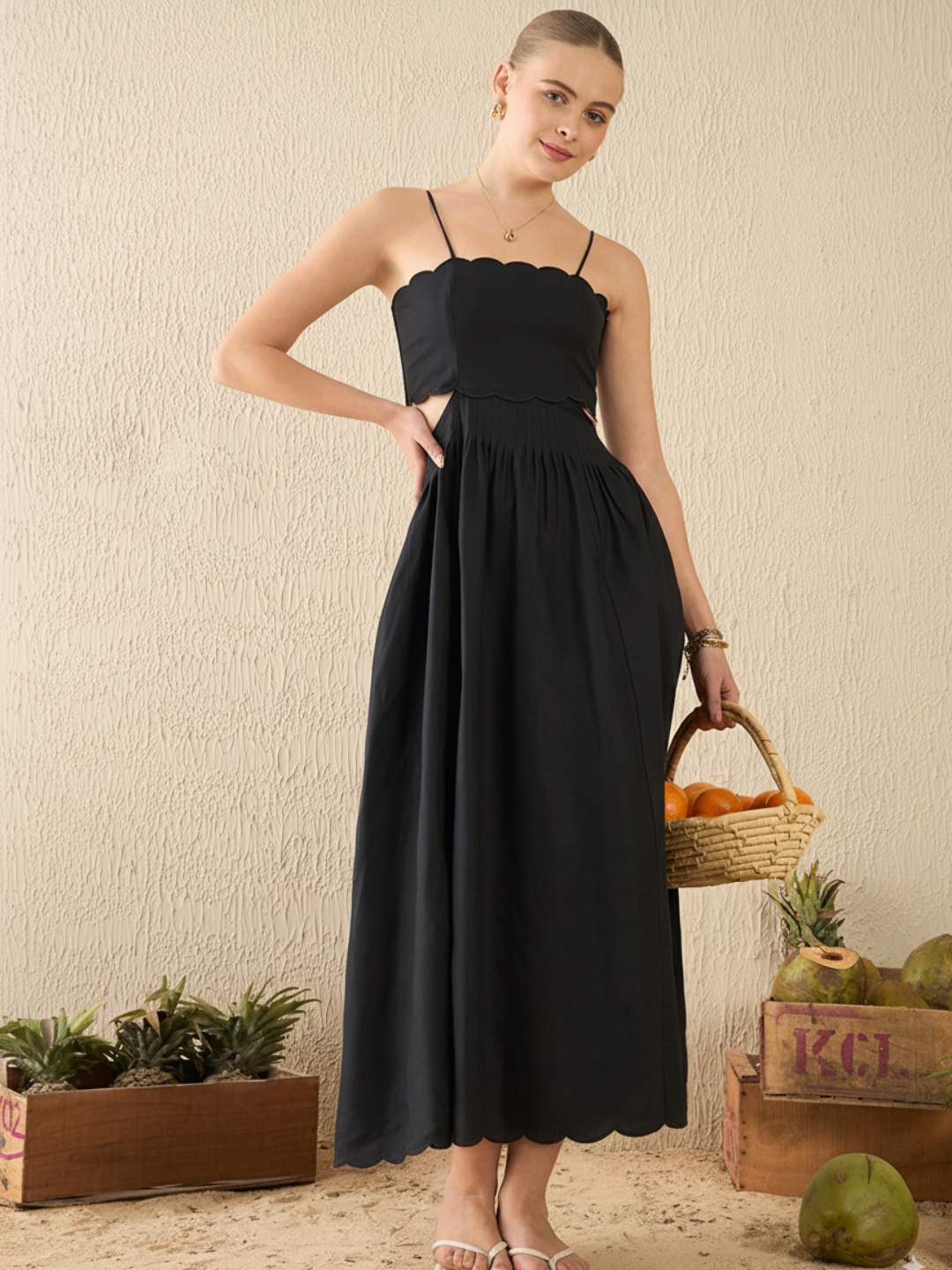 Scalloped Fit and Flare Midi Cotton Dress - Pinkkup