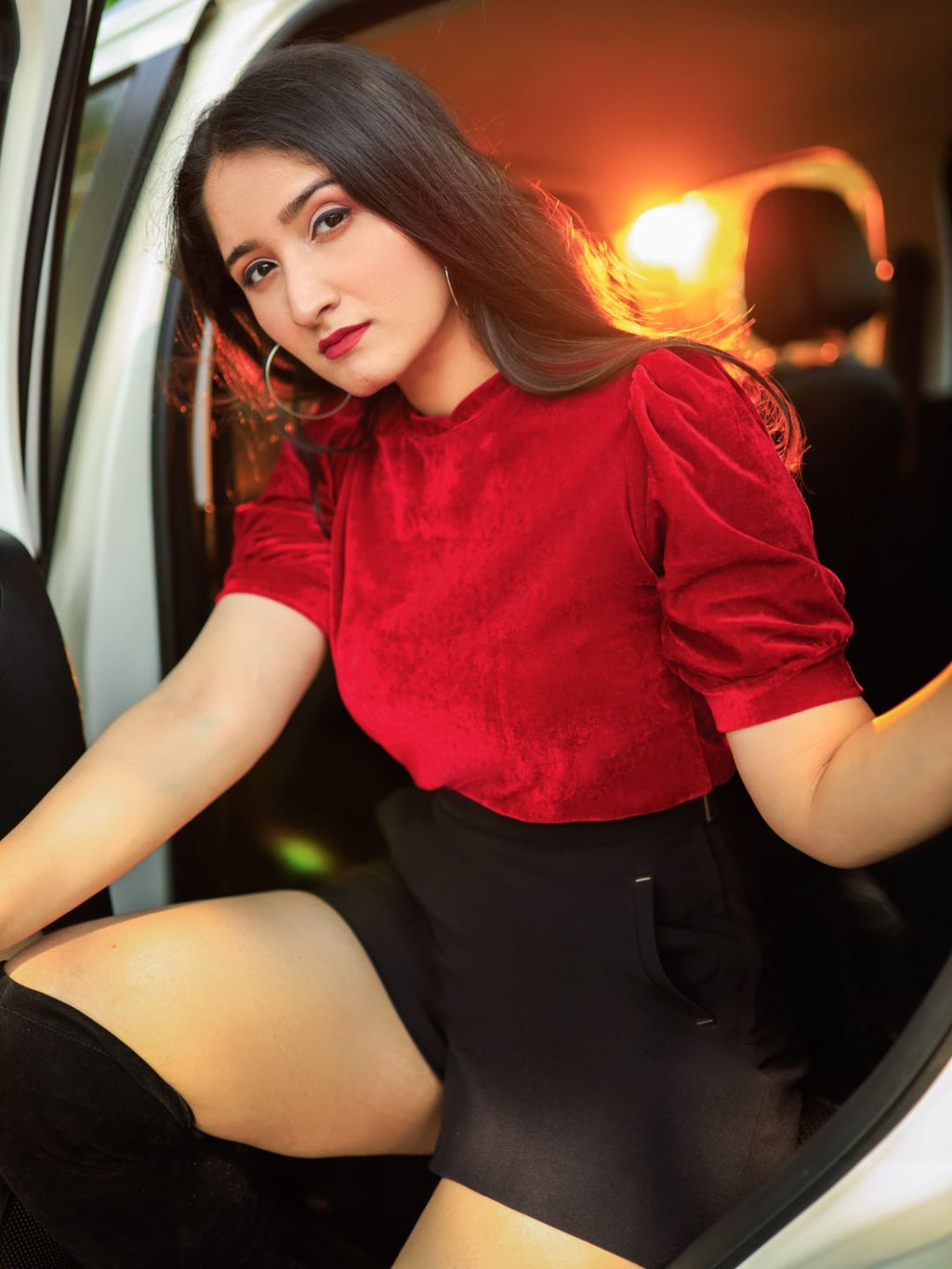 Stretchable Velvet High Neck Puff Sleeve Top - Pinkkup