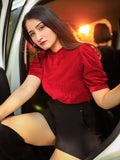 Stretchable Velvet High Neck Puff Sleeve Top - Pinkkup