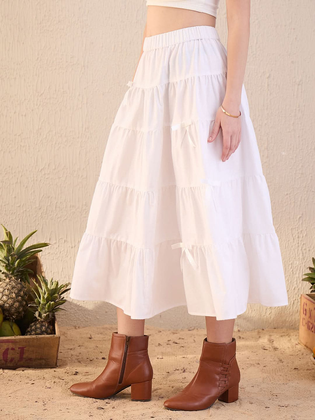 Cotton Tiered Bow Midi Skirt