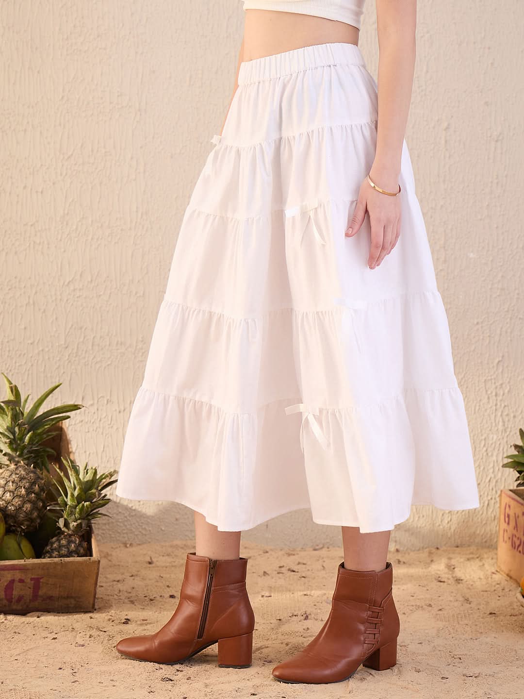 Cotton Tiered Bow Midi Skirt