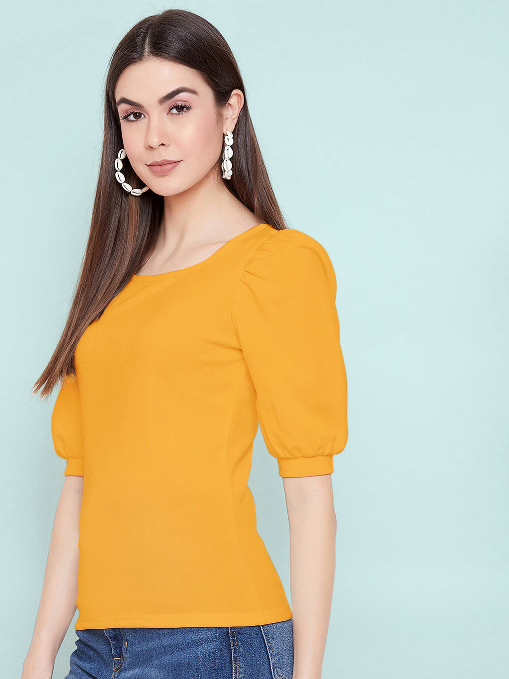 Cotton Solid Stretchable Round Neck Puff Sleeve Top