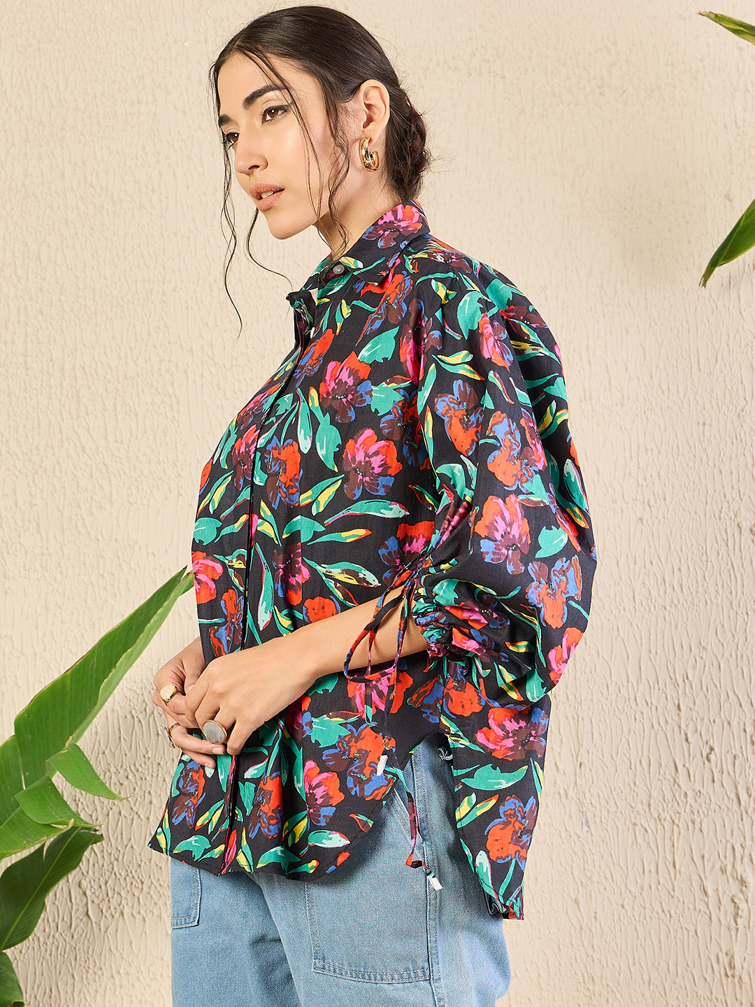 Printed Cotton Shirt with Tie Up Sleeves - Pinkkup