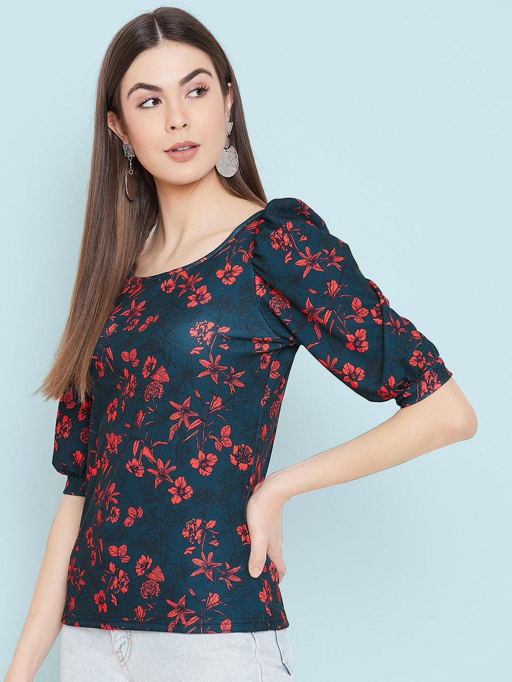 Cotton Floral Stretchable Puff Sleeve Top