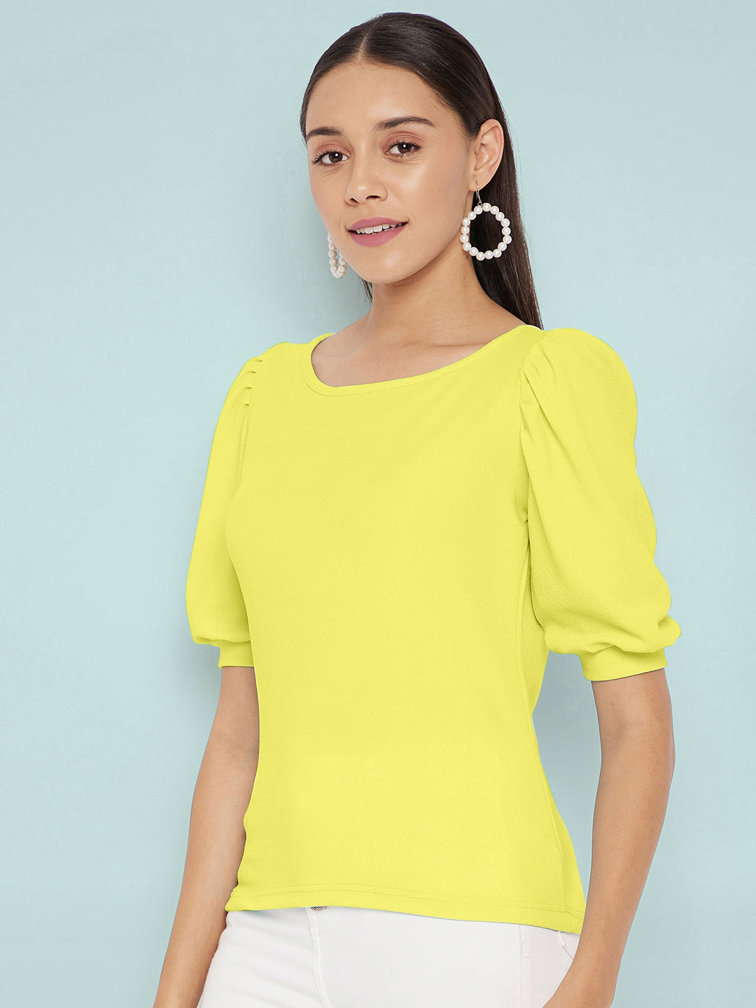 Cotton Solid Stretchable Round Neck Puff Sleeve Top