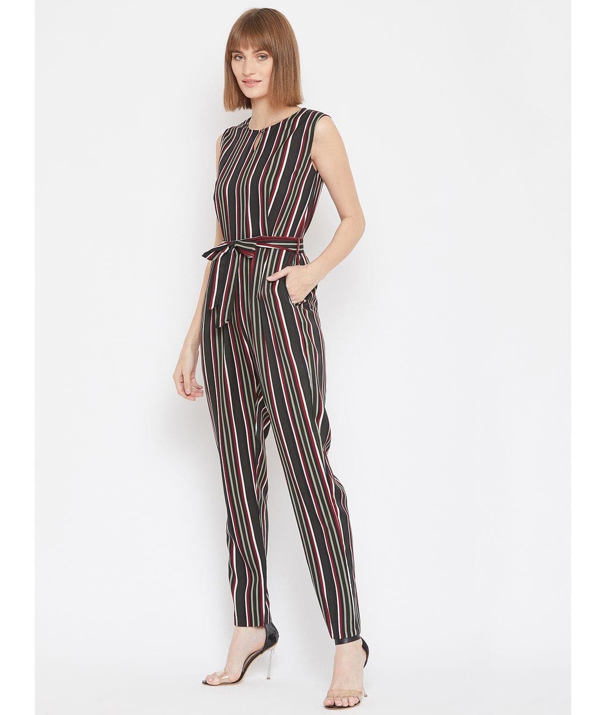 Striped Keyhole Jumpsuit with Belt