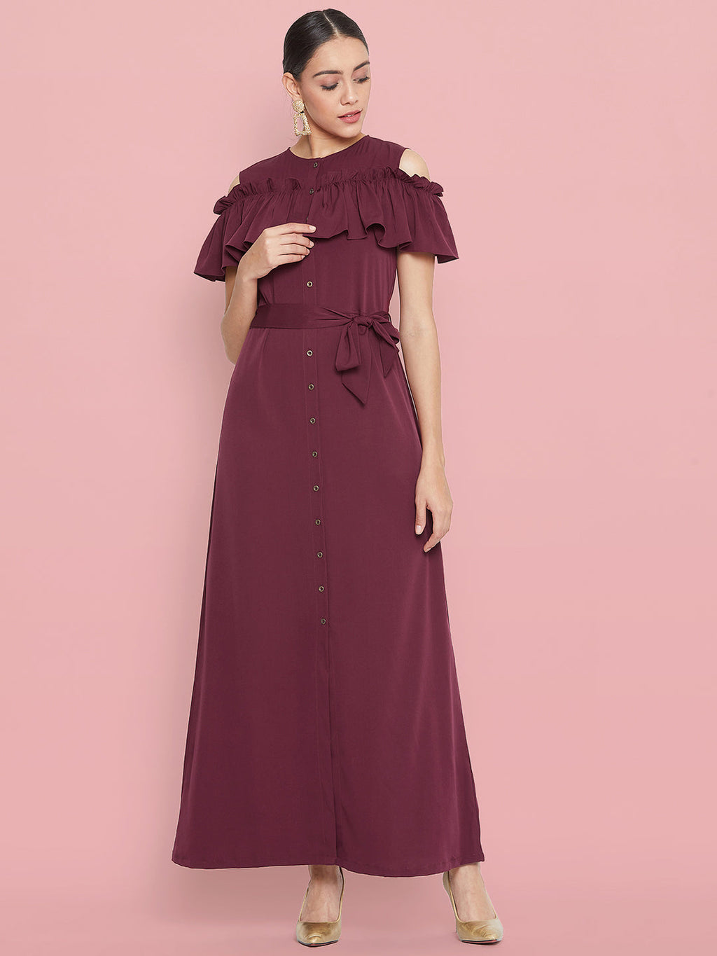 Ruffled Buttoned Cold Shoulder Maxi Dress