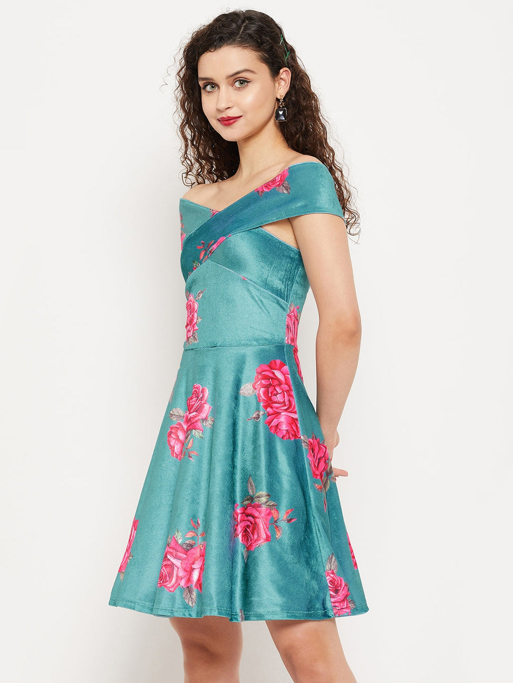 Off Shoulder Stretchable Velvet Skater Dress