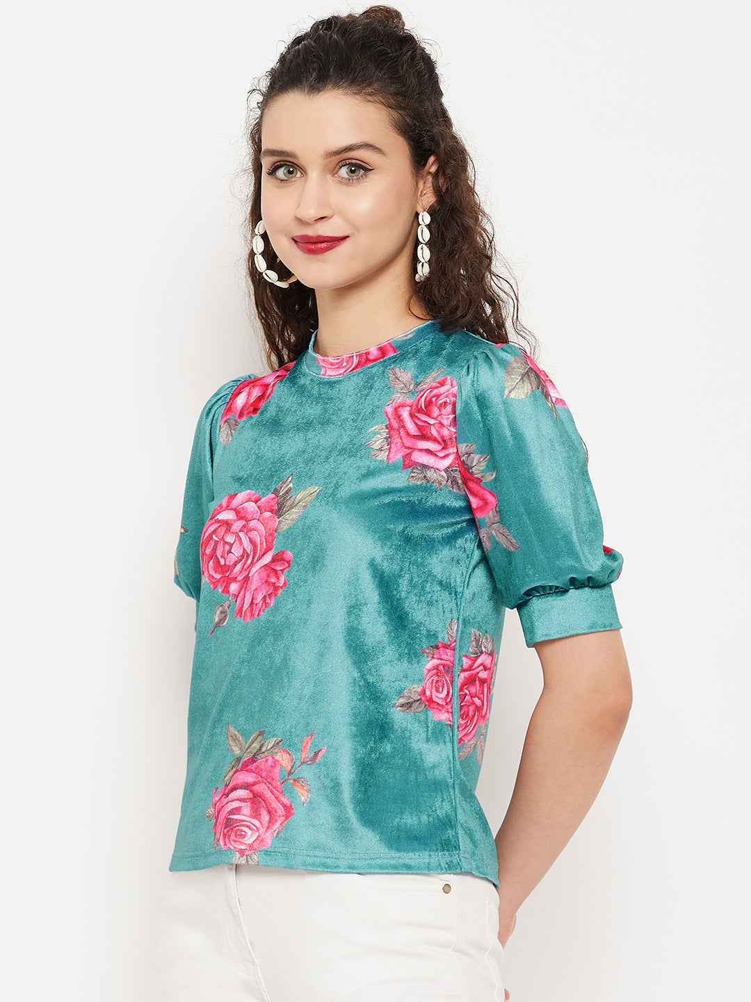Stretchable Velvet High Neck Puff Sleeve Top