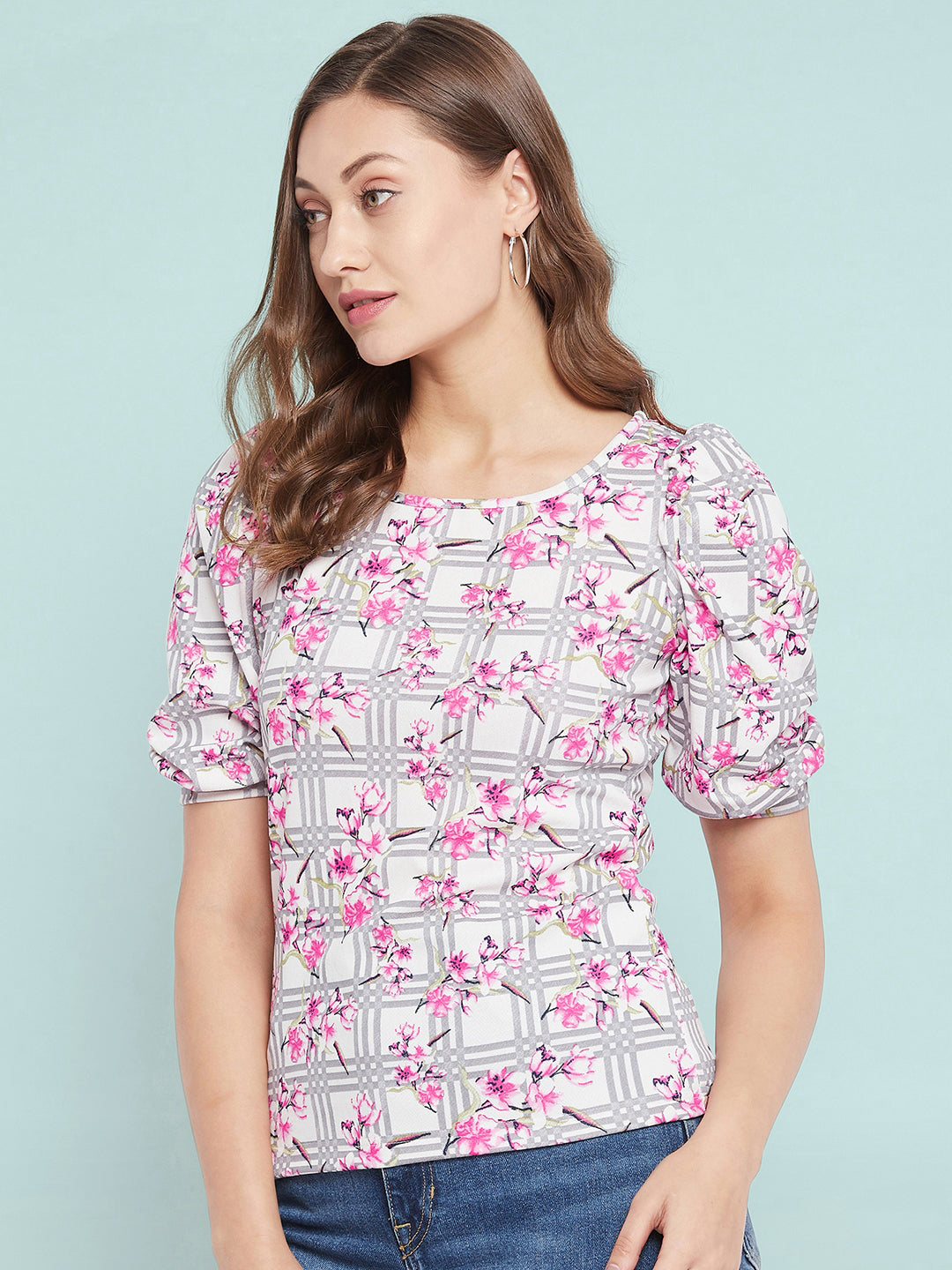 Cotton Floral Stretchable Puff Sleeve Top