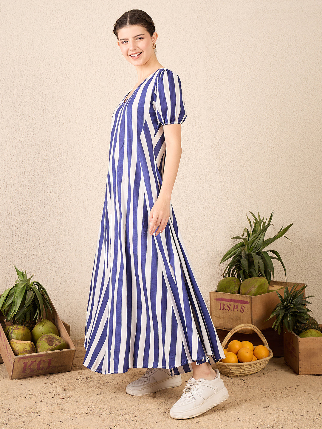 Puff Sleeve A-Line Pure Cotton Maxi Dress
