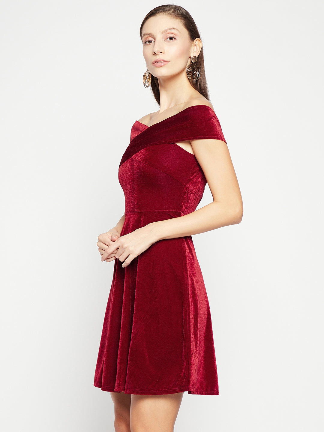 Off Shoulder Stretchable Velvet Skater Dress