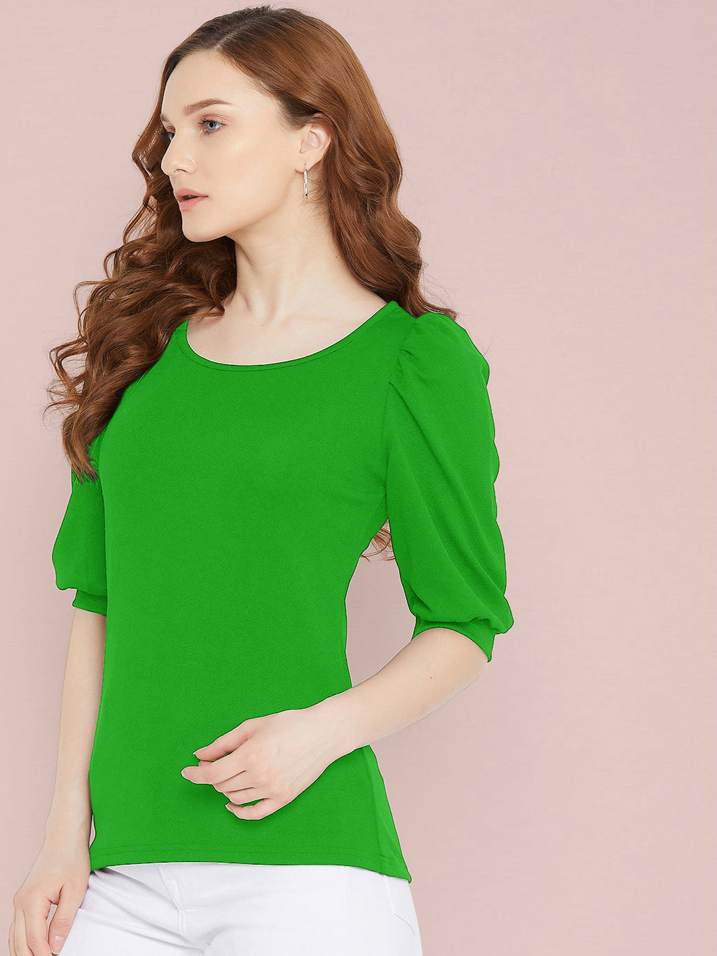 Cotton Solid Stretchable Round Neck Puff Sleeve Top