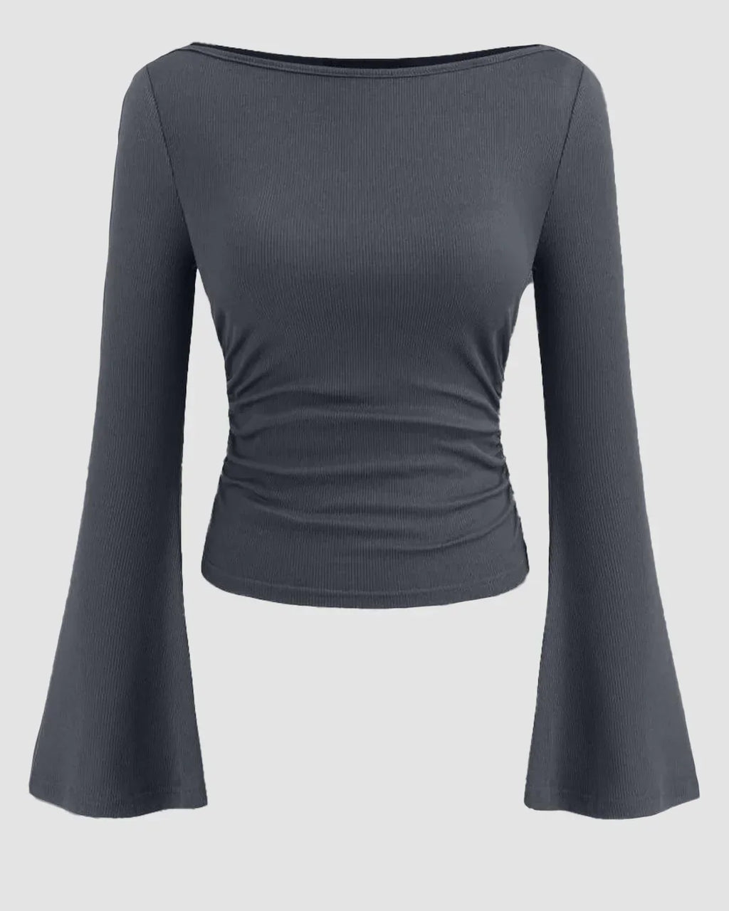 Boat Neck Solid Ruched Long Sleeve Top in Dark Grey