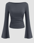 Boat Neck Solid Ruched Long Sleeve Top in Dark Grey