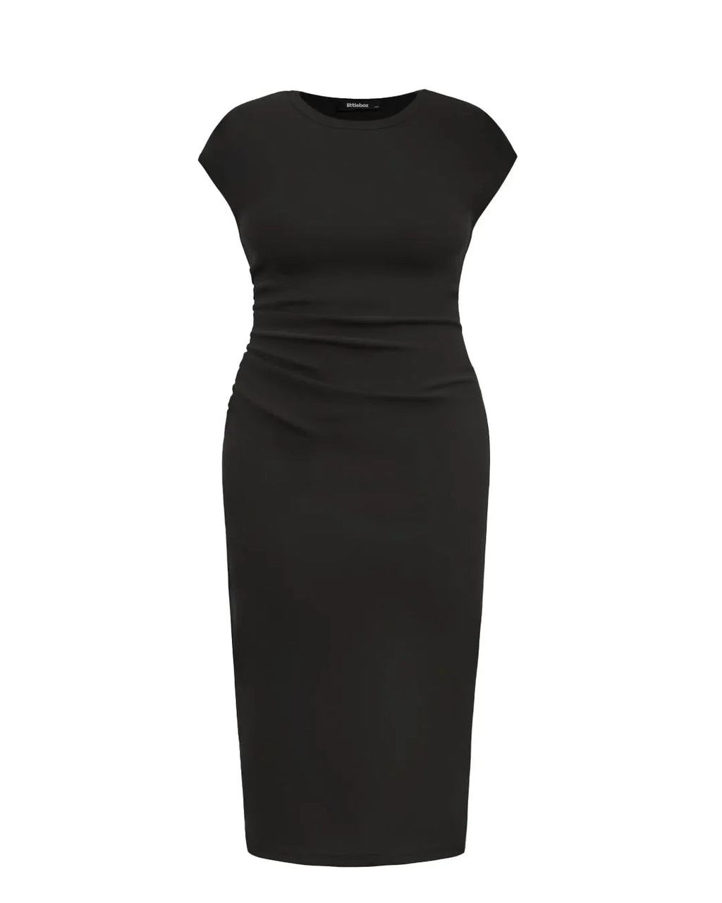Knitted Short Sleeve Bodycon Dress With Pleated Waist In Black Curve & Plus