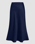 Satin Bias-Cut Flared Midi Skirt in Navy Blue