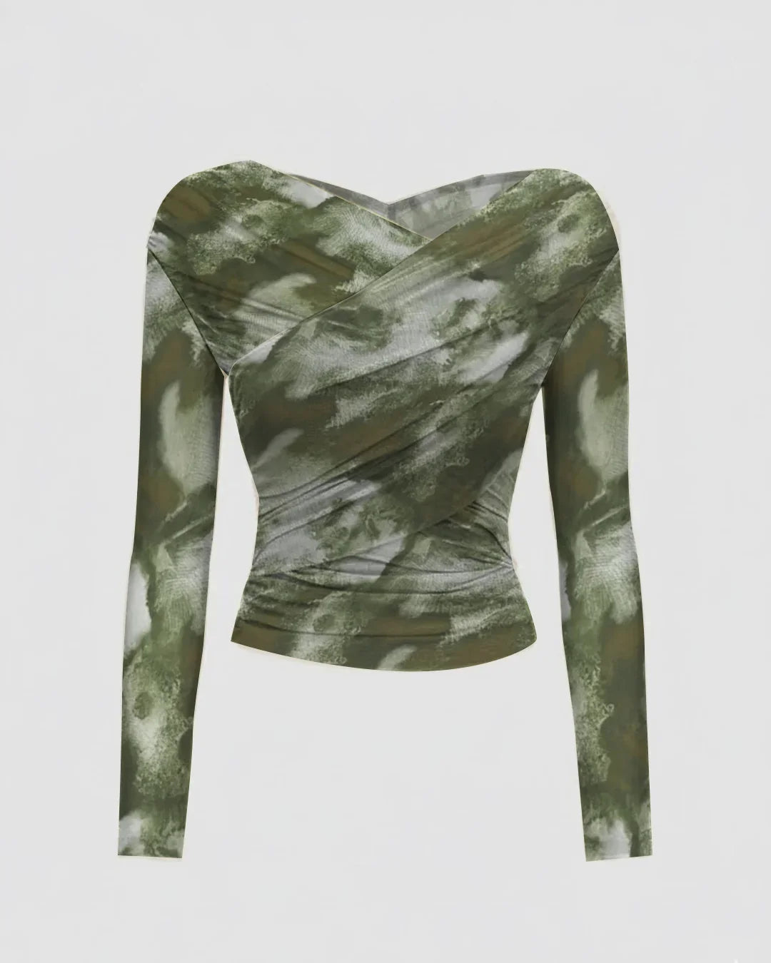 Abstract Long Sleeve Ruched Wrap Top