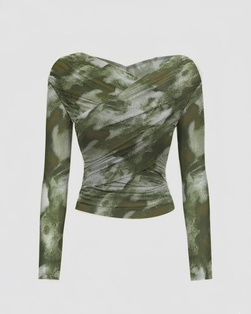 Abstract Long Sleeve Ruched Wrap Top