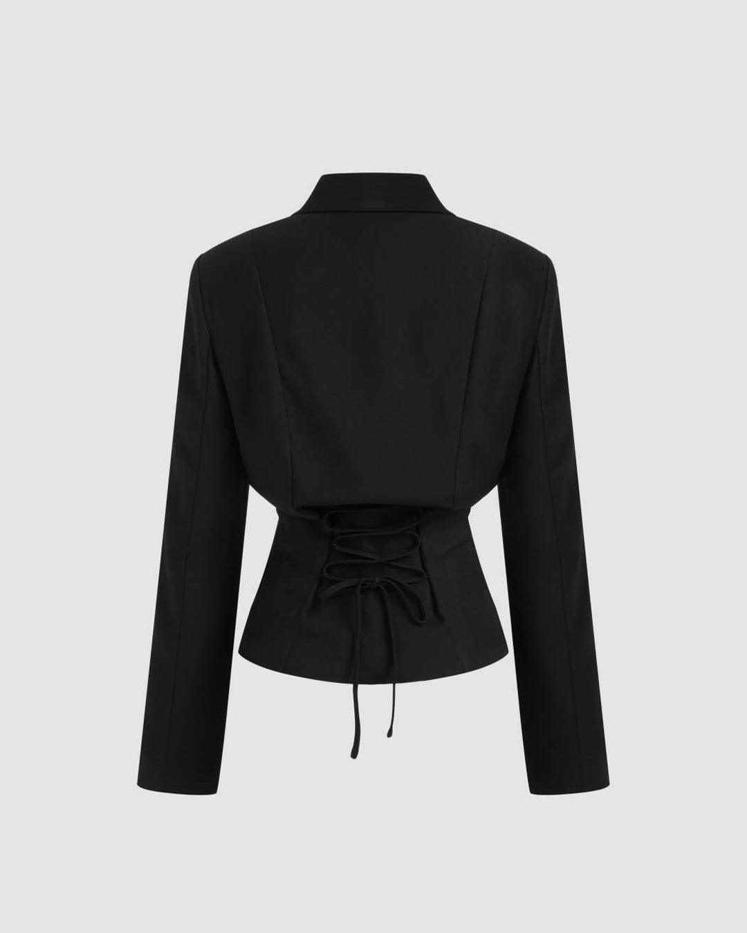 Woven Collar Solid Lace Up Button Blazer In Black
