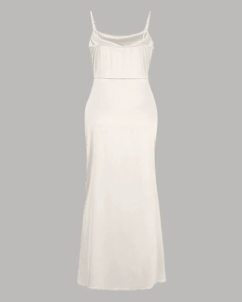 Cowl Neck Ruched Slit Sleeveless Satin Maxi Dress in Cream