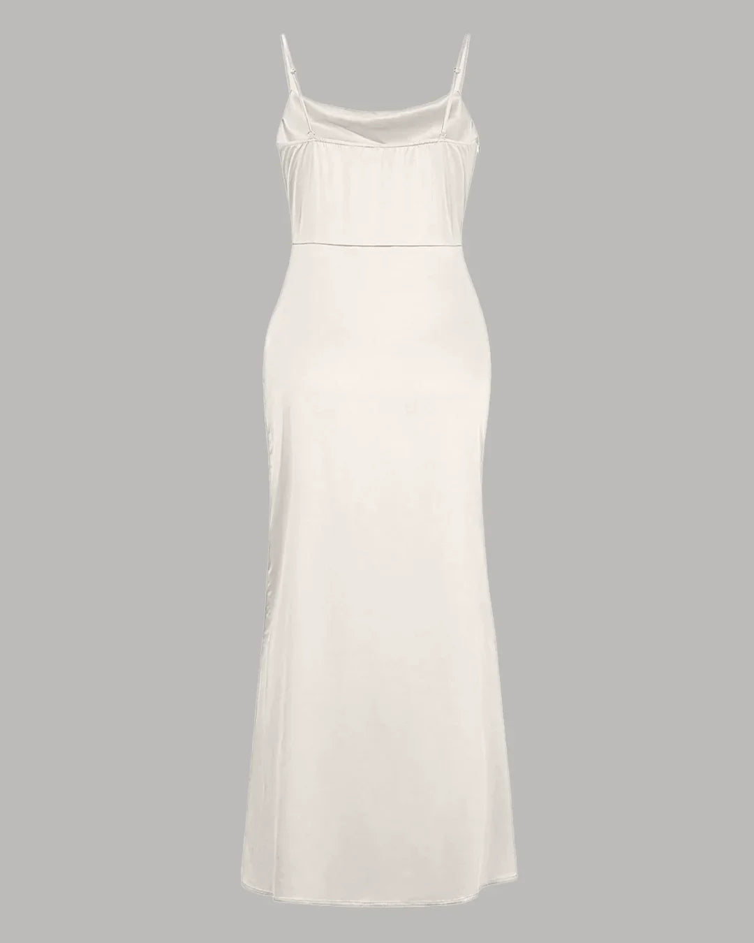 Cowl Neck Ruched Slit Sleeveless Satin Maxi Dress in Cream