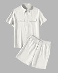 Men Basic Front Flap Pocket Cream Shirt & Drawstring Waist Shorts Set