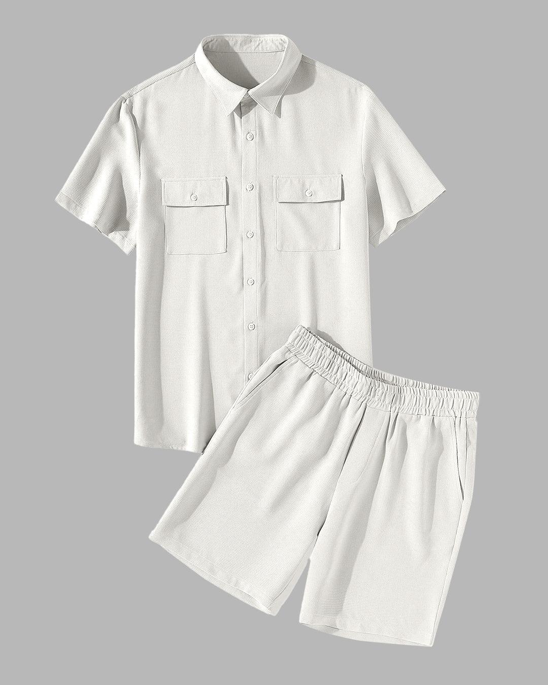 Men Basic Front Flap Pocket Cream Shirt & Drawstring Waist Shorts Set