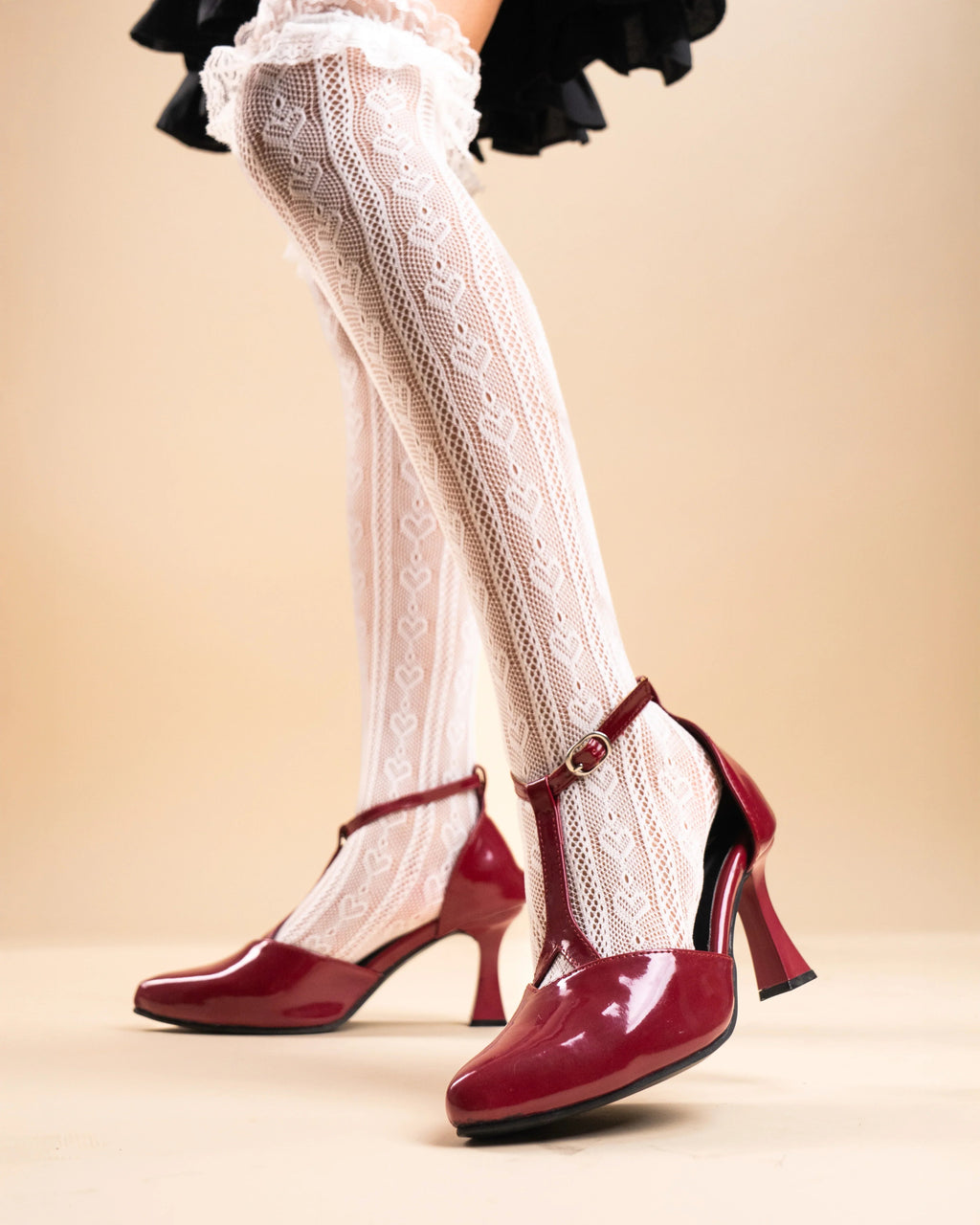 Mary Jane Vintage T Strap Closed Round Toe Heels In Cherry