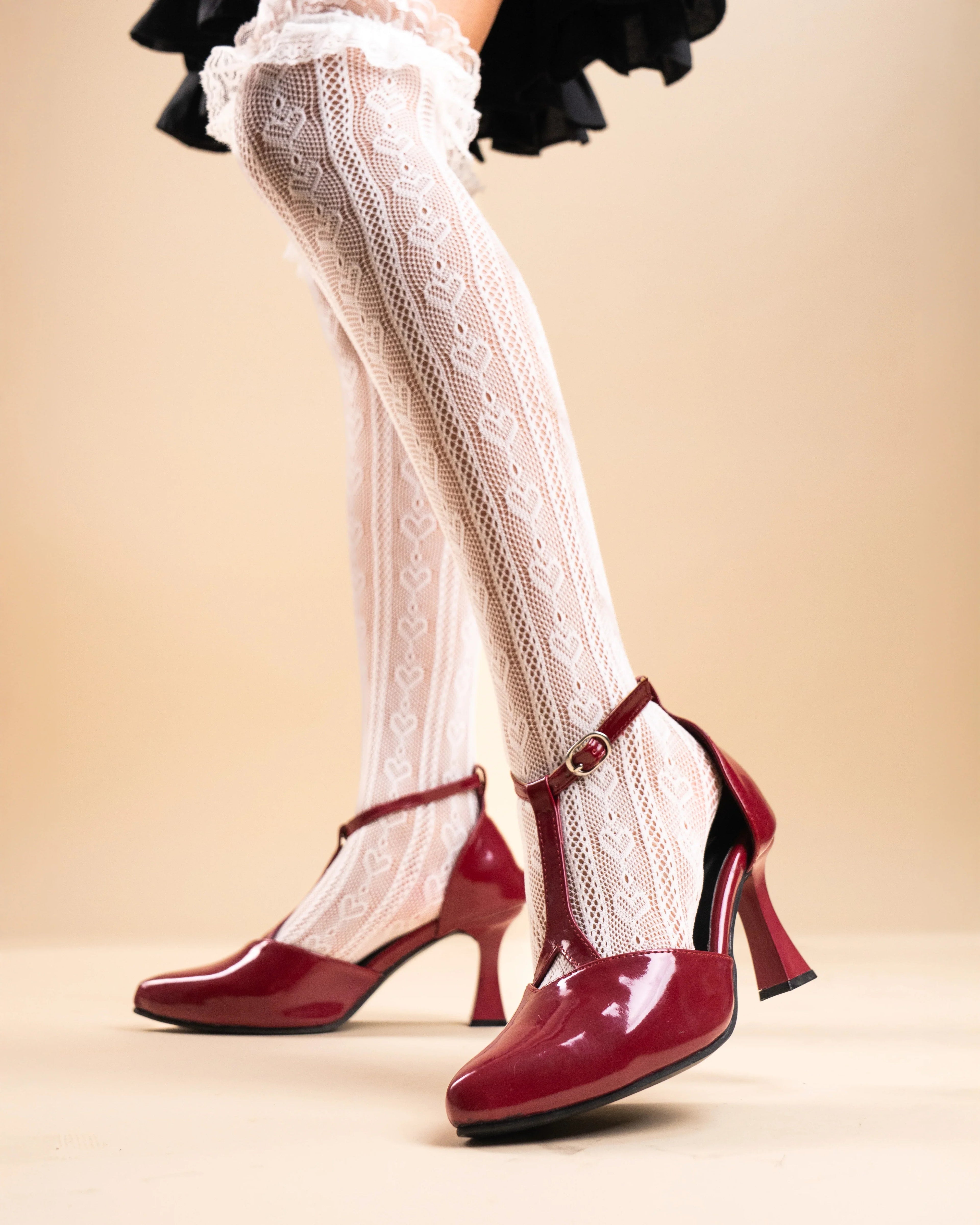 Mary Jane Vintage T Strap Closed Round Toe Heels In Cherry