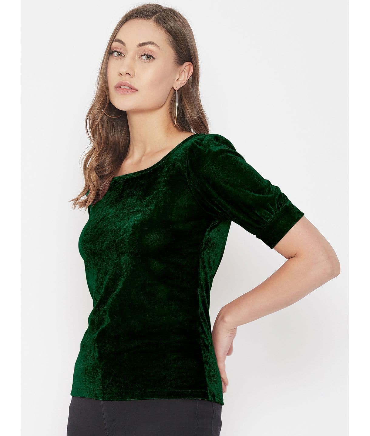 Stretchable Velvet Round Neck Puff Sleeve Top - Pinkkup