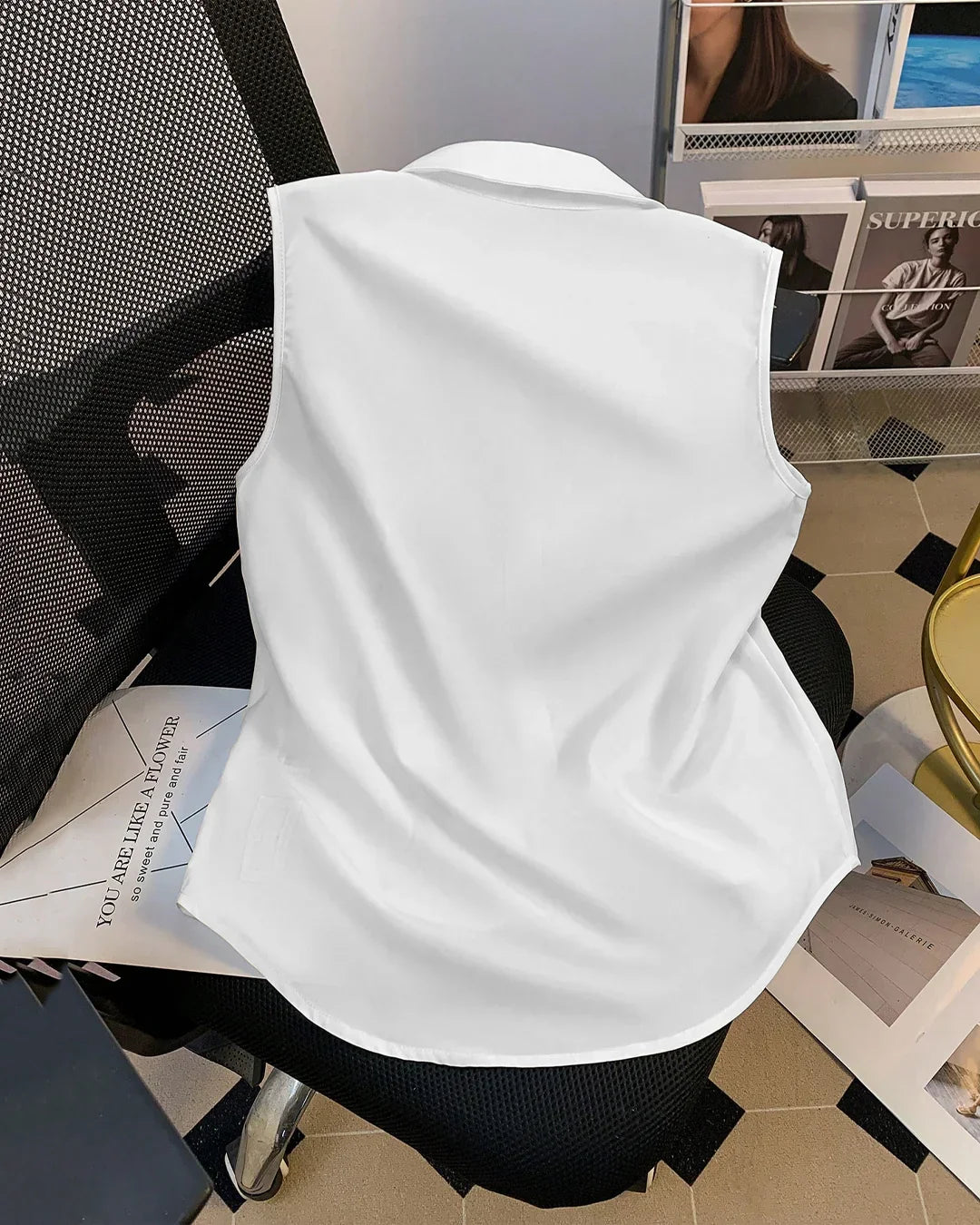 Sleeveless Button Down Collared Shirt in White